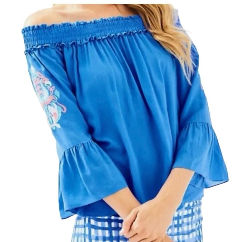 Lilly Pulitzer Moira Blue Off Shoulder Embroidered Blouse Top Size Small Resort